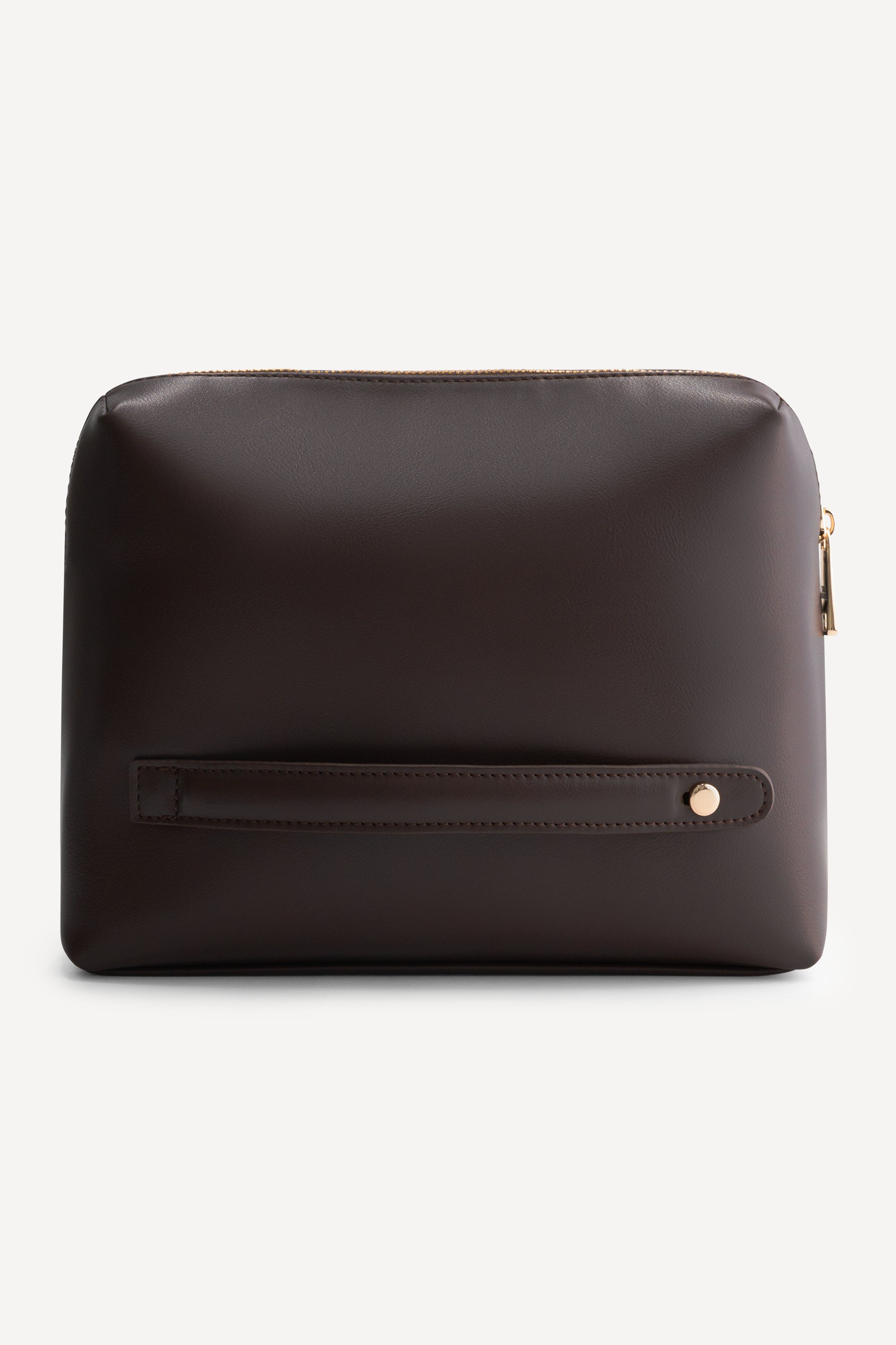 The Lucy Pouch Espresso achteraanzicht met handgreep van premium vegan leer