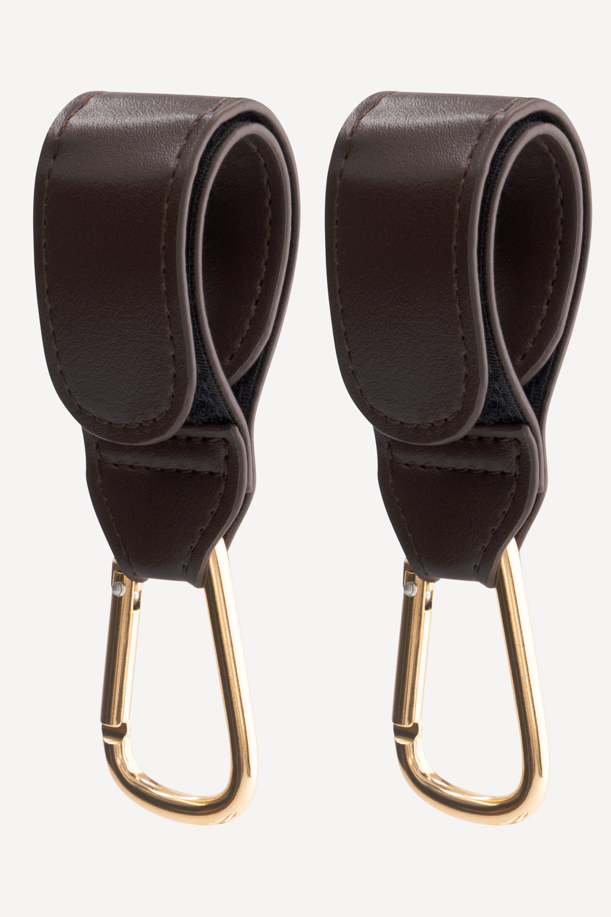 Set van twee The Rhae Stroller Hooks Espresso met goudkleurige kinderwagenhaken